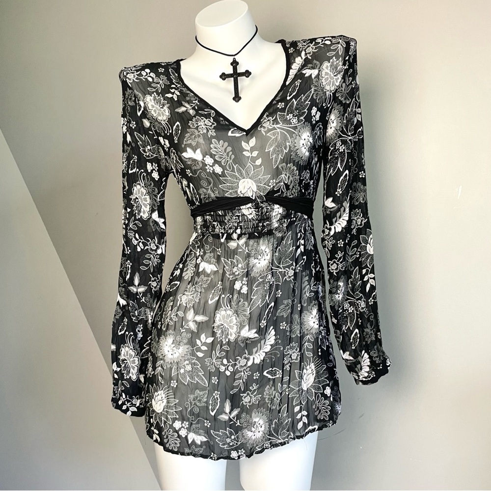 Vintage Black and White Floral Sheer Blouse
